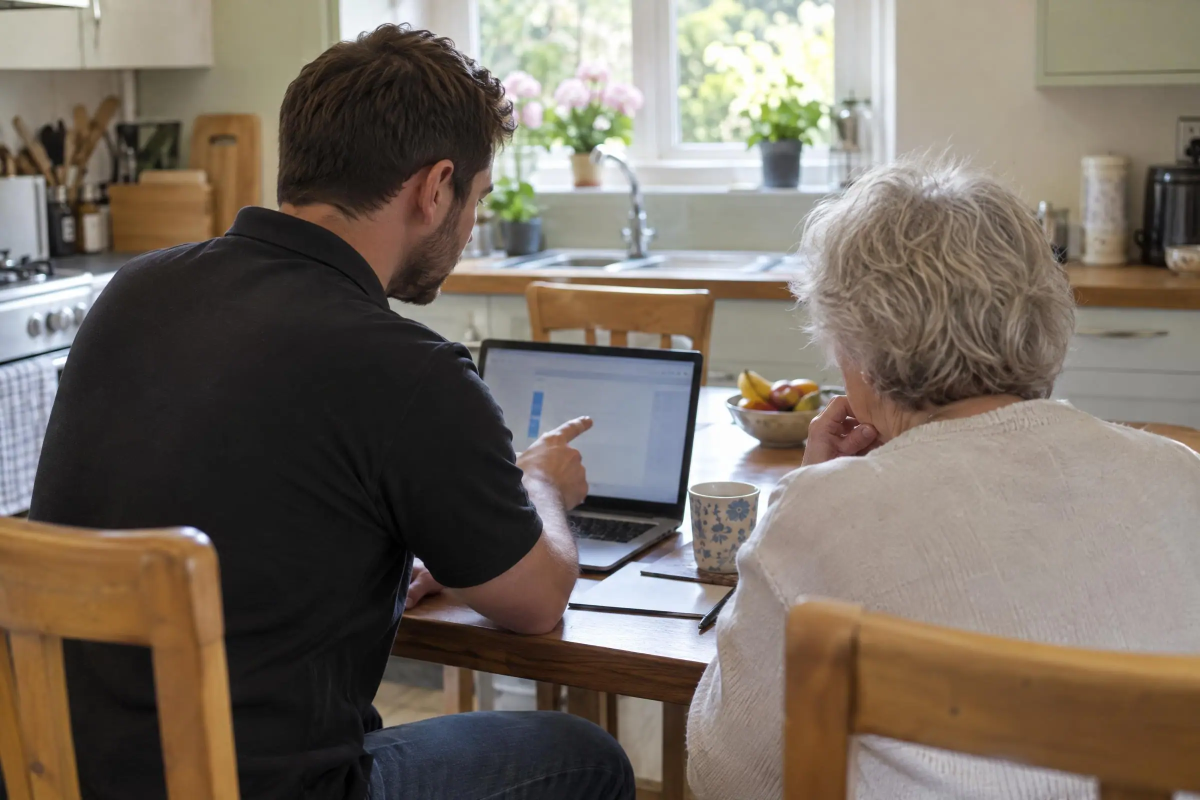 A friendly IT engineer helping a customer at their kitchen table