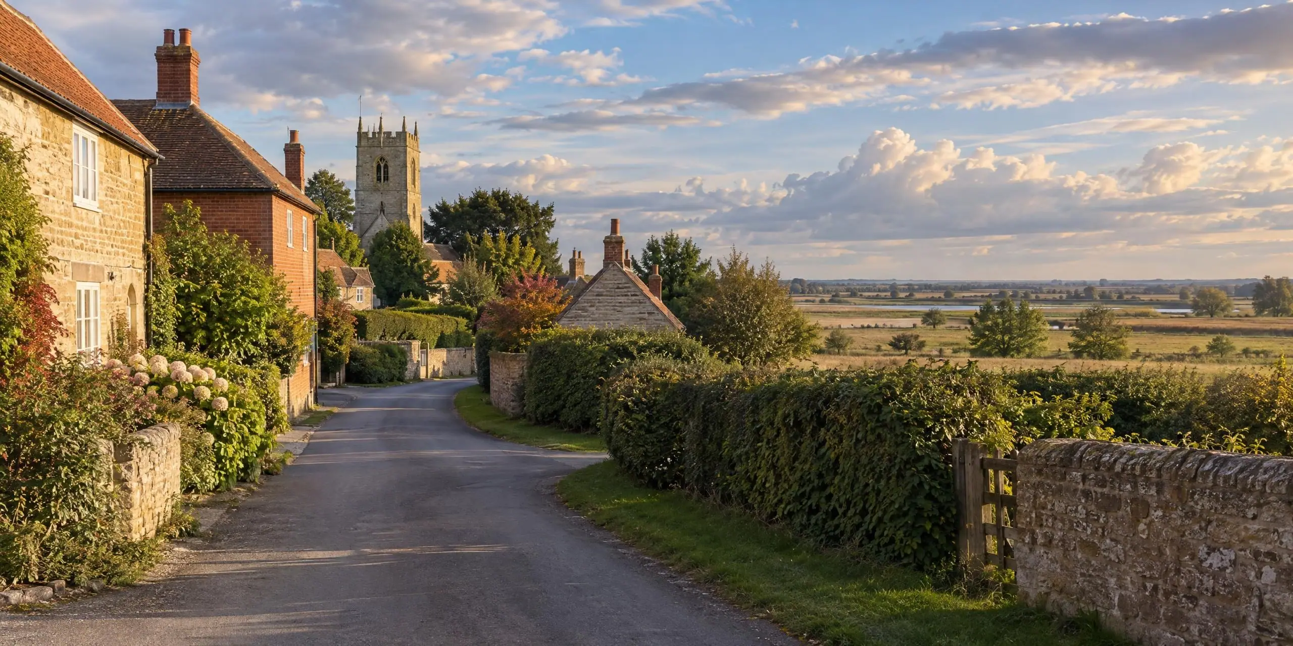 A quiet Lincolnshire village lane with stone cottages under a wide sky