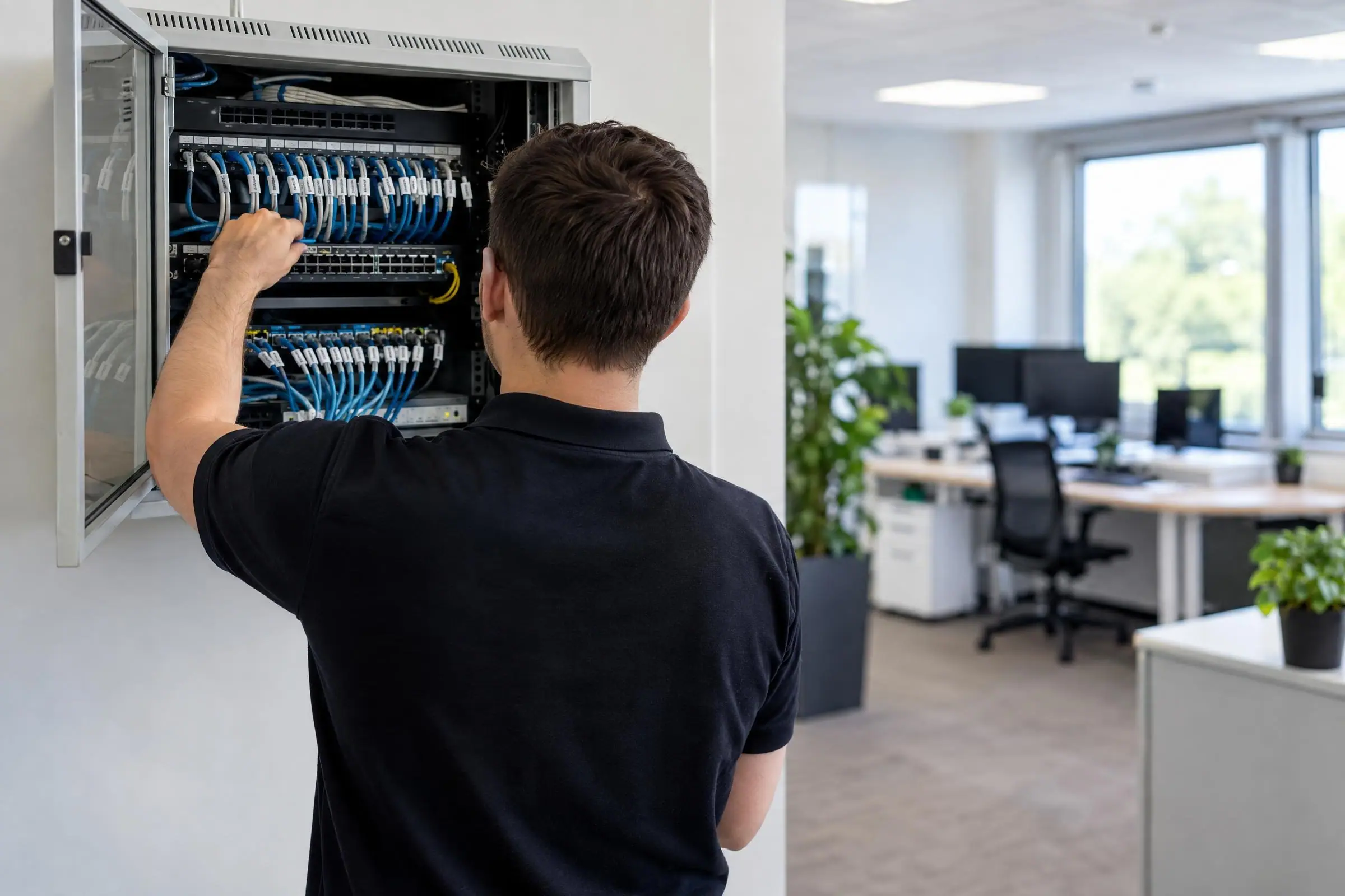 An engineer checking a network cabinet in a small business office