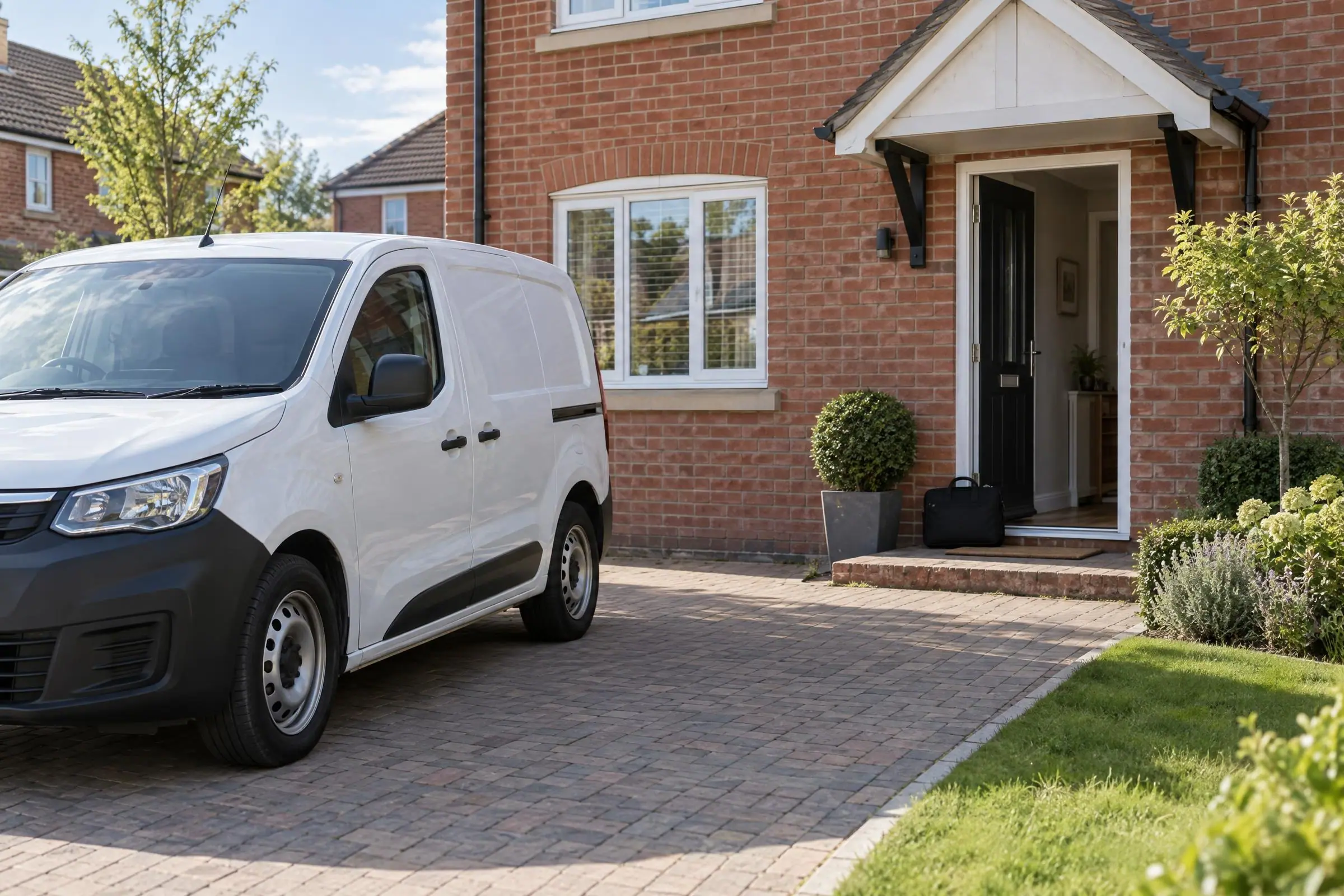 A plain white van parked outside a red-brick Lincolnshire home