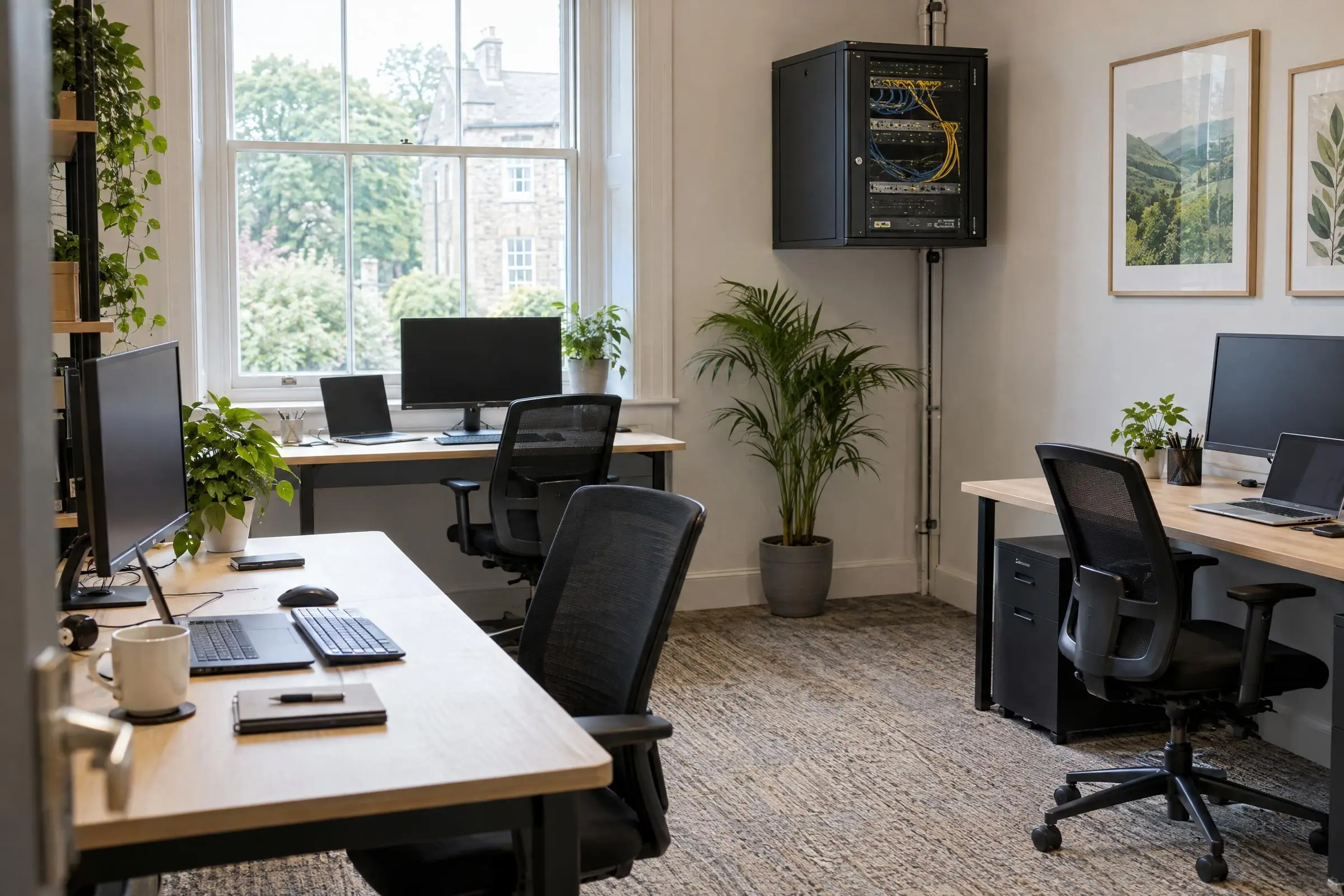 A small tidy office with desks, monitors and a compact server cabinet