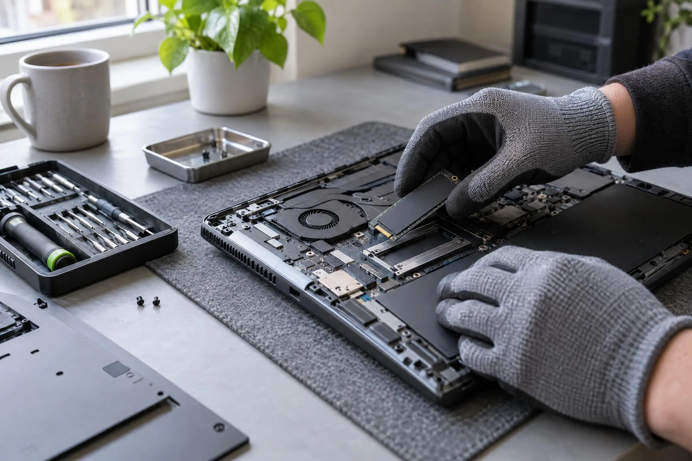 A technician's hands fitting an SSD into an open laptop on a workbench
