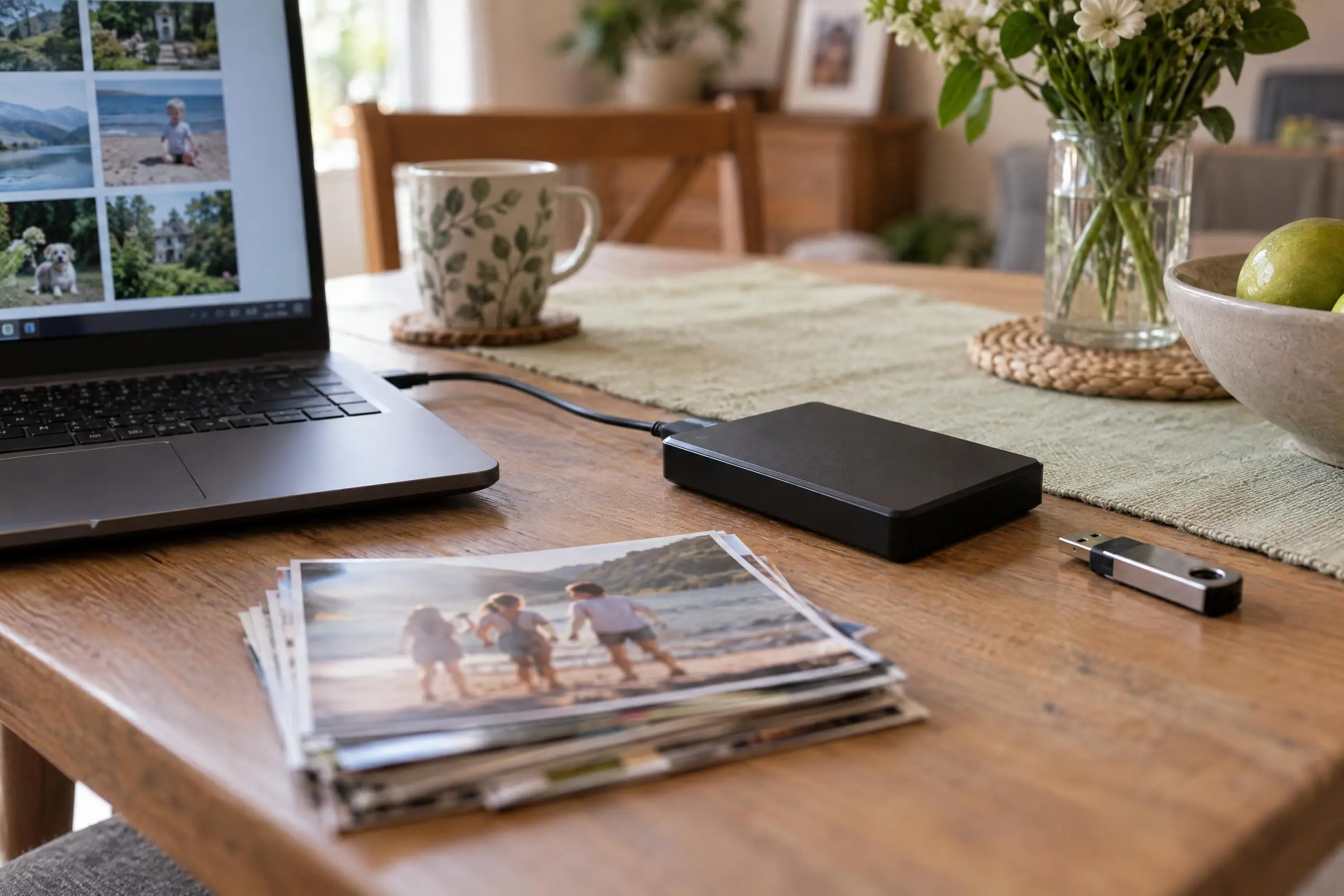 An external hard drive and laptop with a family photo album beside them