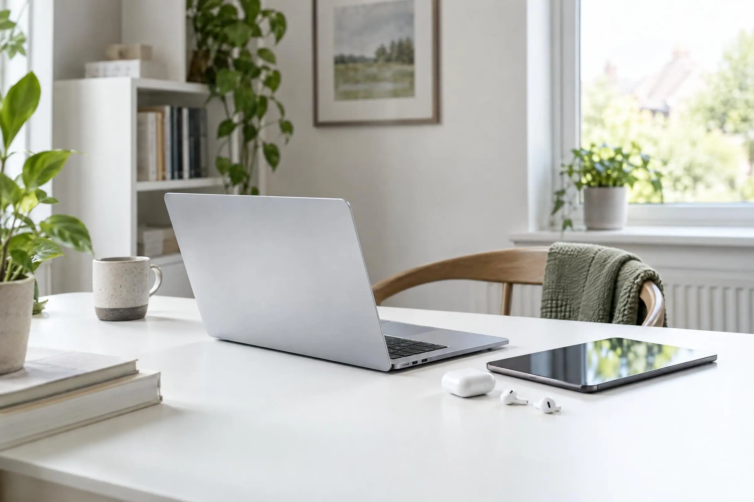 A slim silver laptop and a tablet on a clean white desk