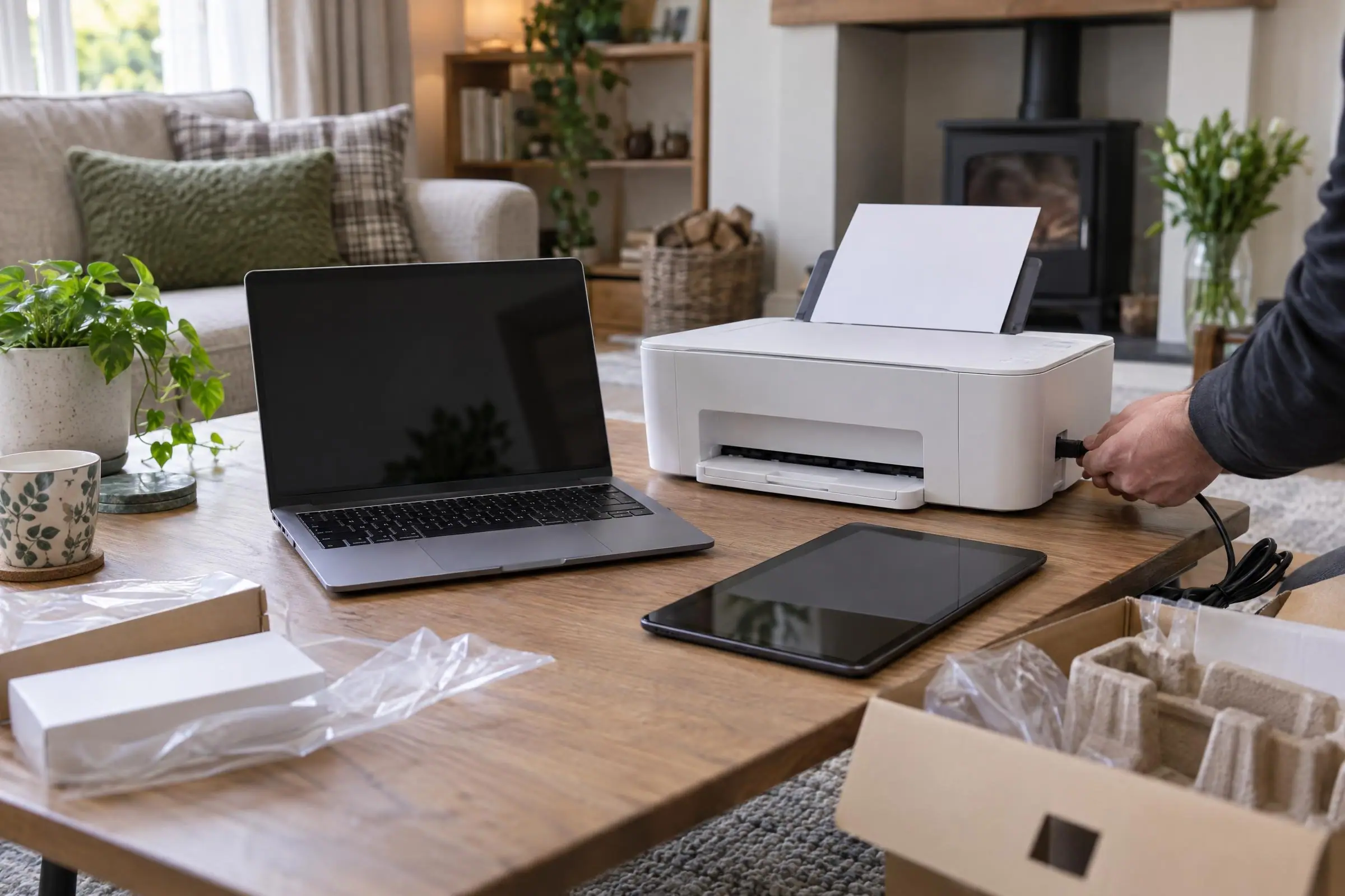 A new laptop, printer and tablet being unboxed and set up on a living-room table