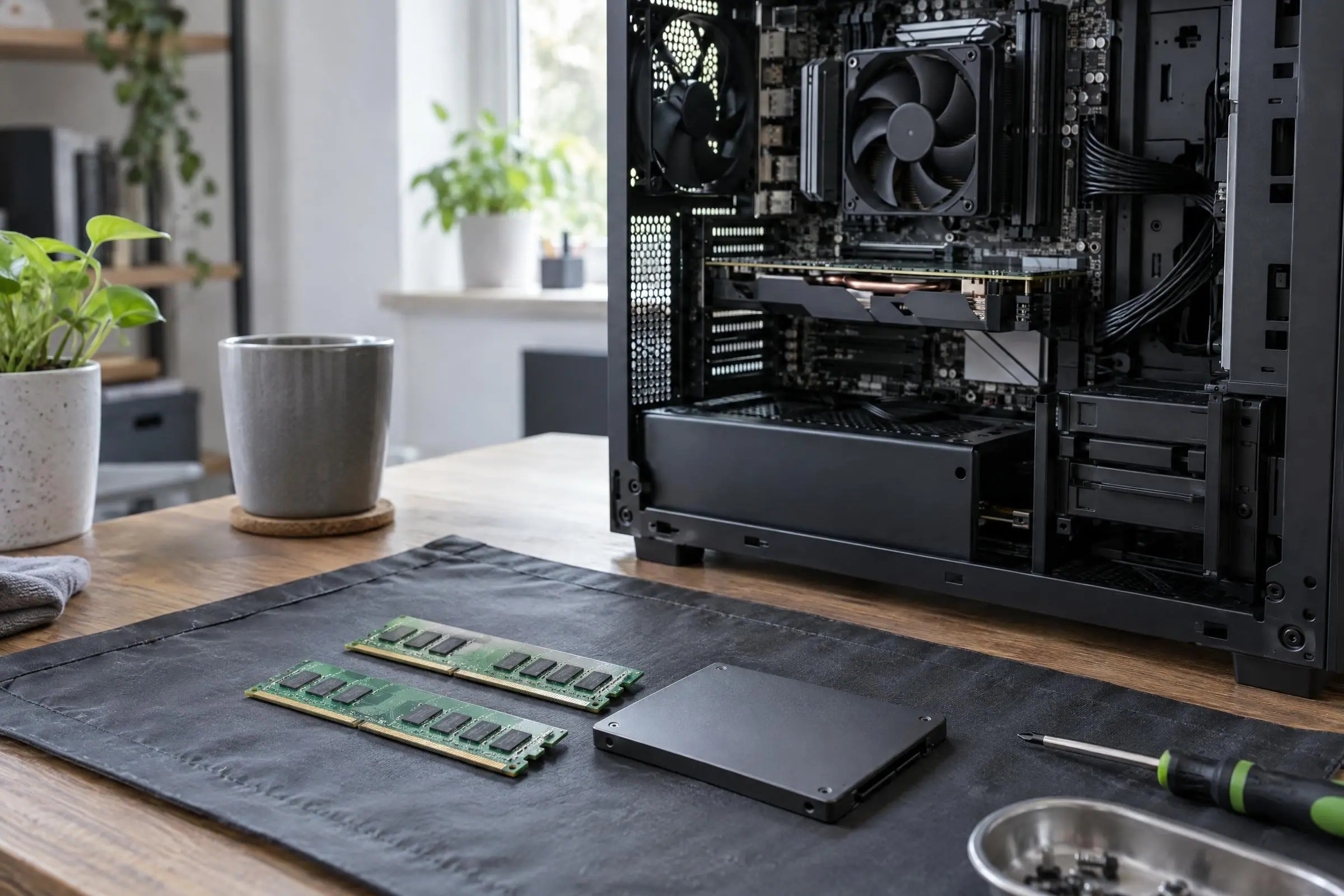 RAM modules and an SSD laid out beside an open desktop PC