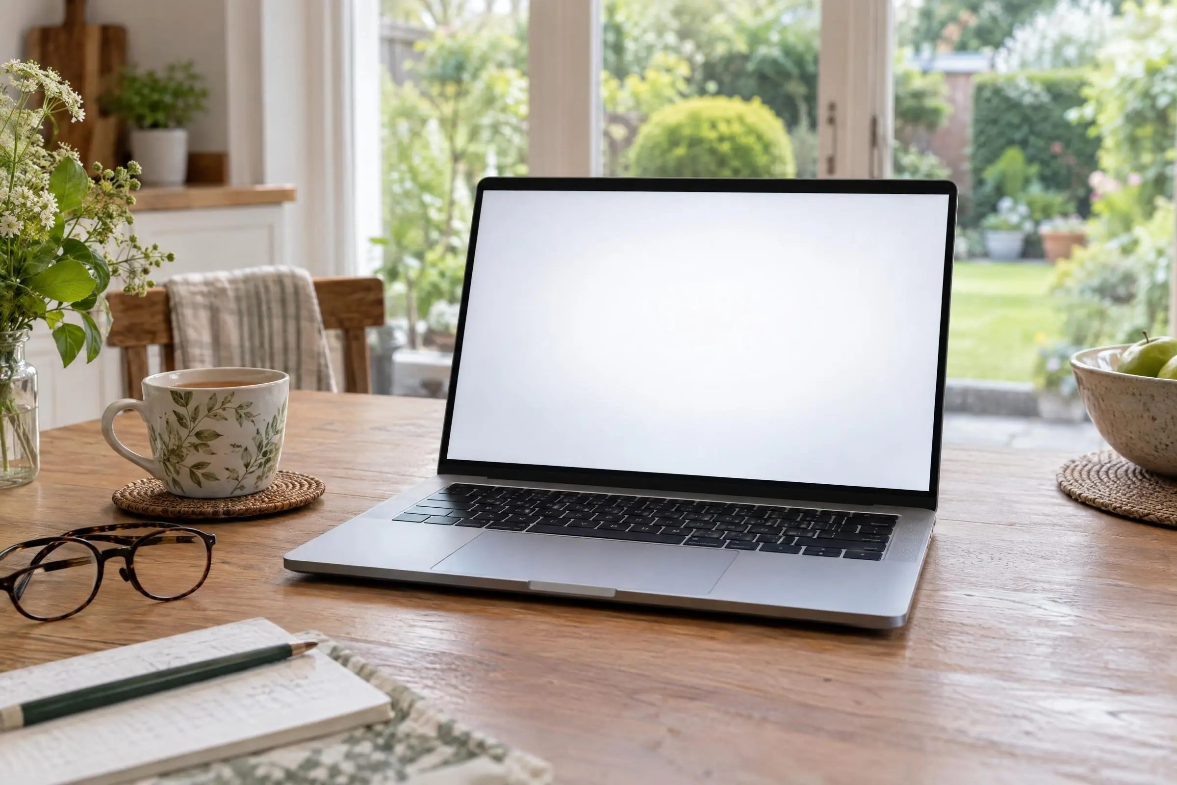 A laptop with a calm, clean screen on a kitchen table beside a cup of tea