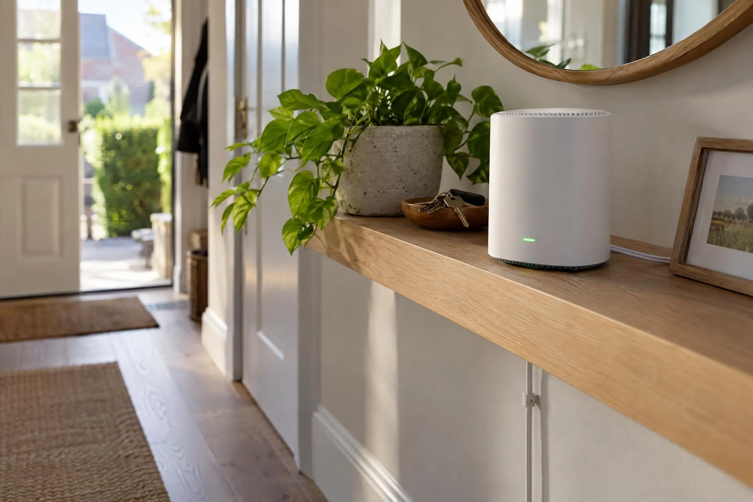 A modern white Wi-Fi router on a hallway shelf with a neatly routed network cable